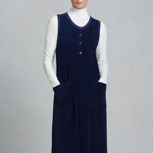 Yvonne Blue Velour Midi Dress Lagenlook Boho Sleeveless Buttons Pockets size M/L